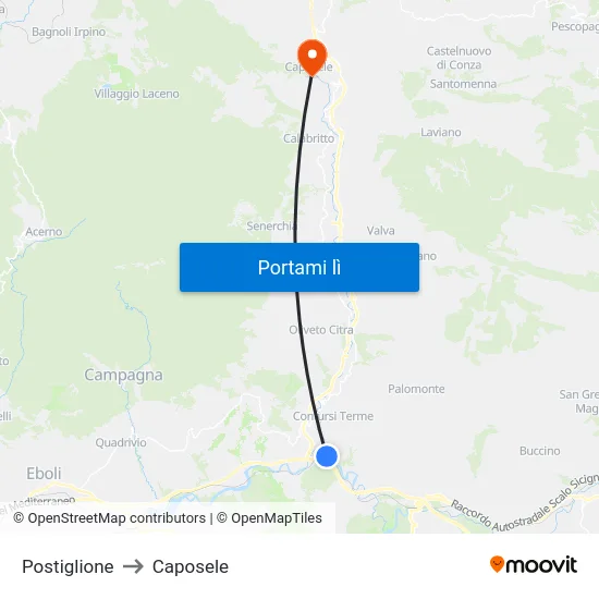 Postiglione to Caposele map