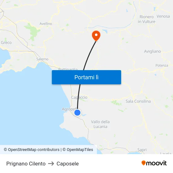Prignano Cilento to Caposele map
