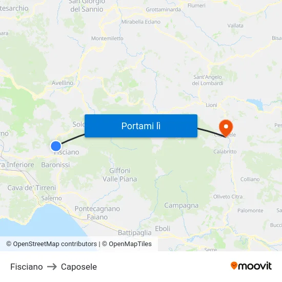 Fisciano to Caposele map