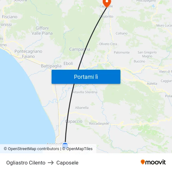 Ogliastro Cilento to Caposele map