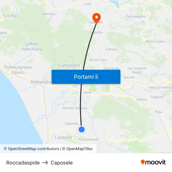 Roccadaspide to Caposele map
