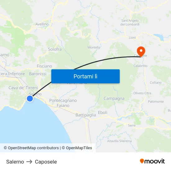 Salerno to Caposele map