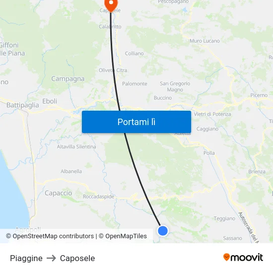 Piaggine to Caposele map