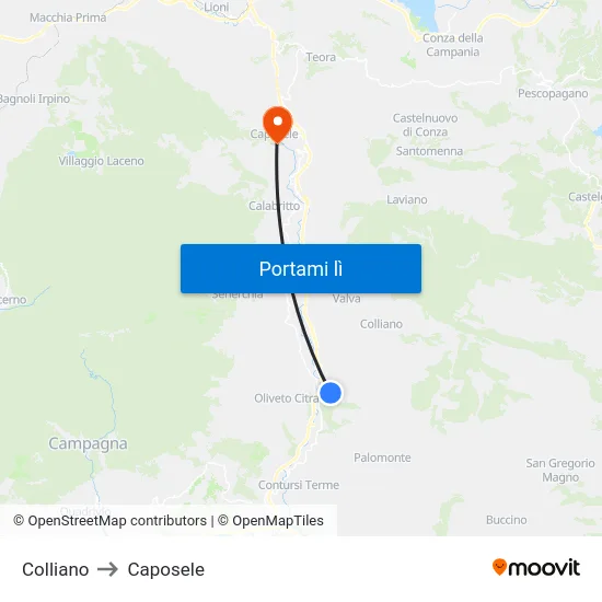 Colliano to Caposele map