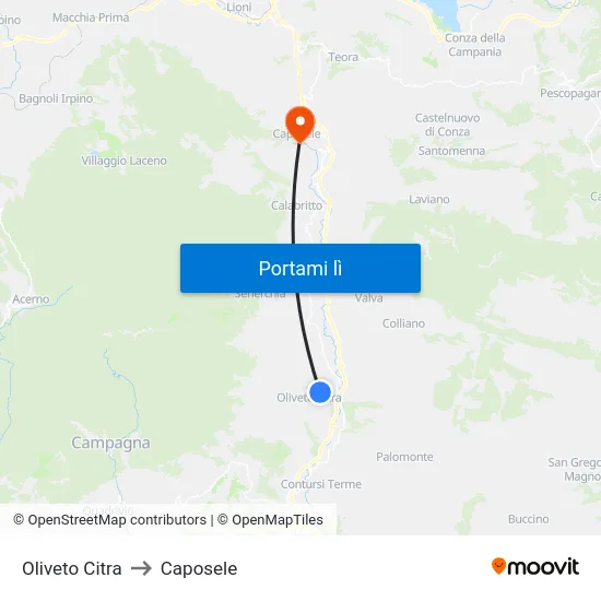 Oliveto Citra to Caposele map