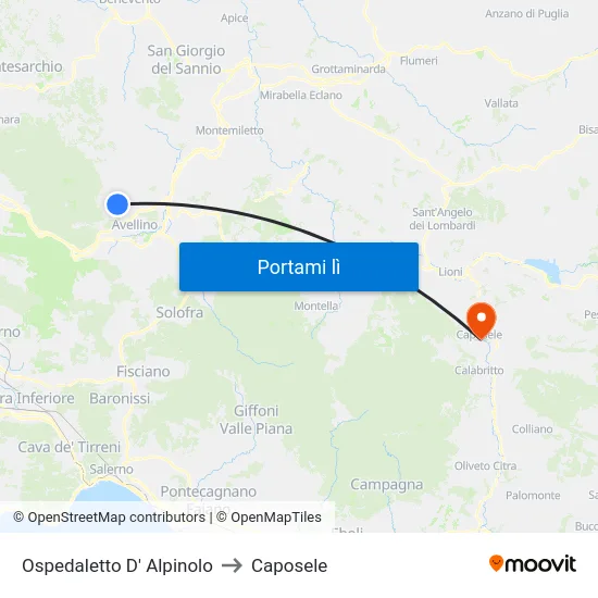 Ospedaletto D' Alpinolo to Caposele map