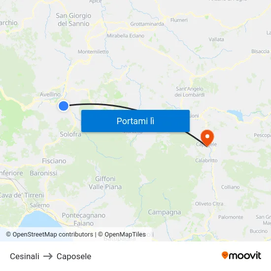 Cesinali to Caposele map