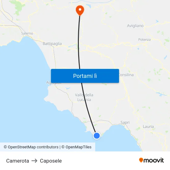 Camerota to Caposele map