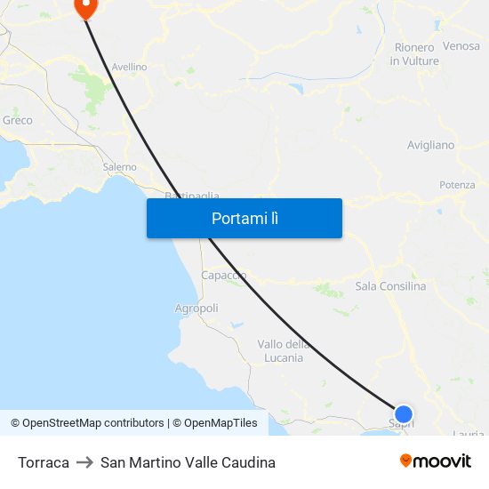 Torraca to San Martino Valle Caudina map