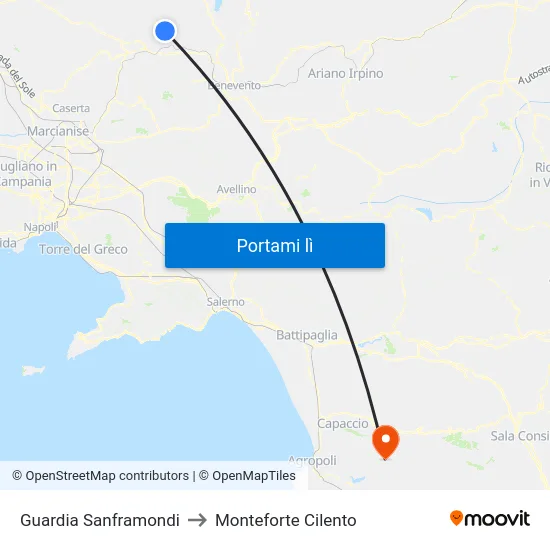 Guardia Sanframondi to Monteforte Cilento map