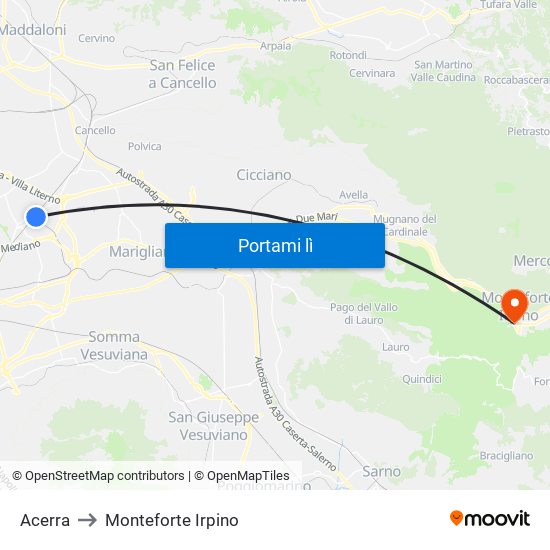 Acerra to Monteforte Irpino map