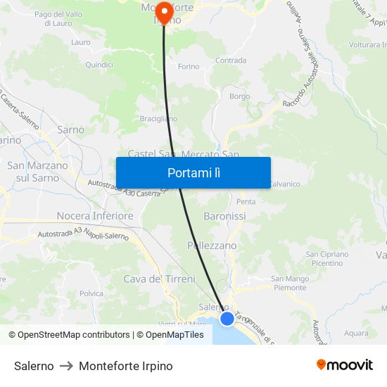 Salerno to Monteforte Irpino map