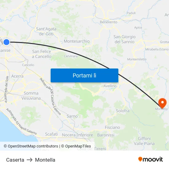 Caserta to Montella map