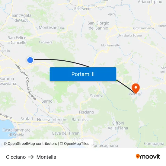 Cicciano to Montella map