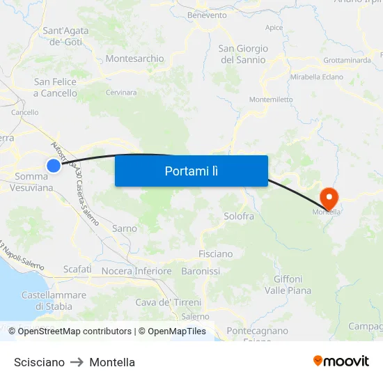 Scisciano to Montella map