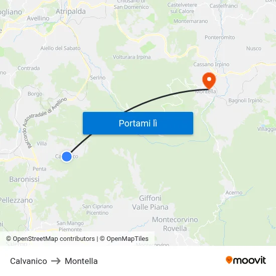 Calvanico to Montella map