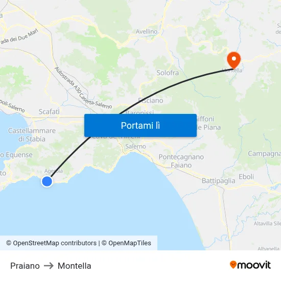 Praiano to Montella map