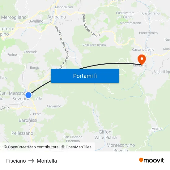 Fisciano to Montella map