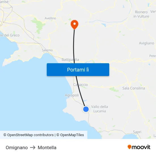 Omignano to Montella map