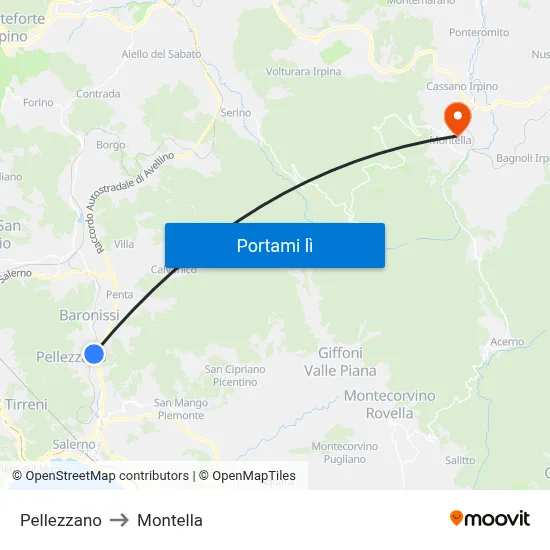 Pellezzano to Montella map
