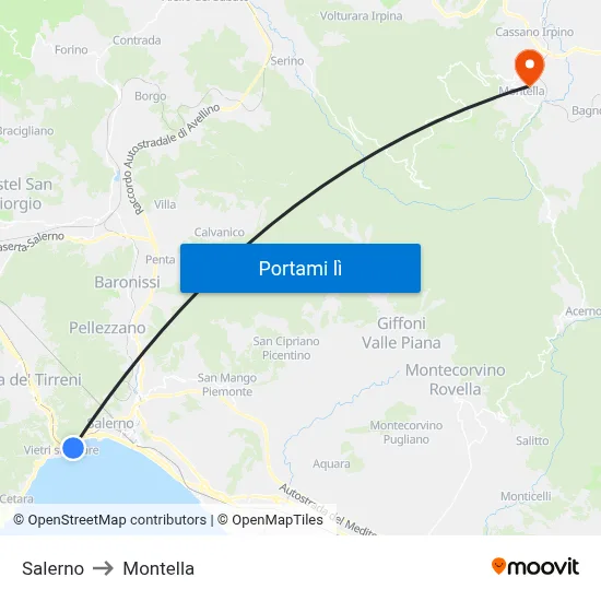 Salerno to Montella map