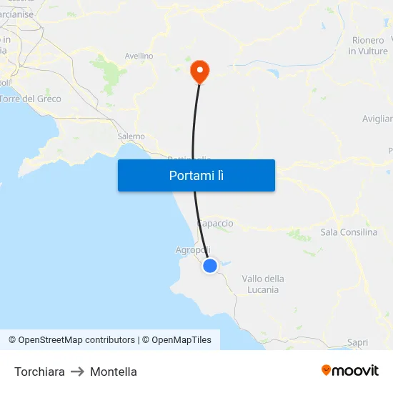 Torchiara to Montella map