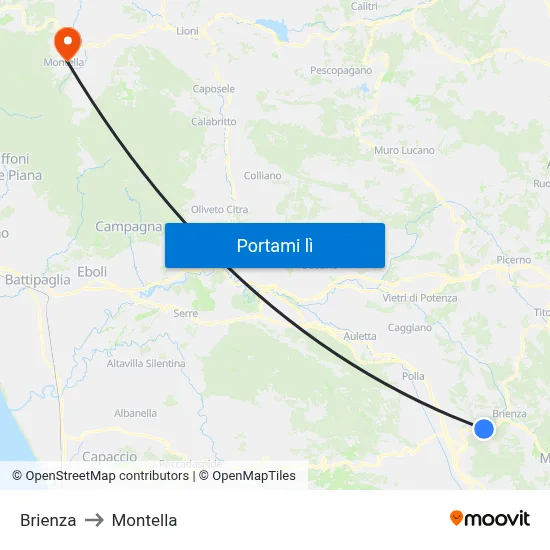 Brienza to Montella map