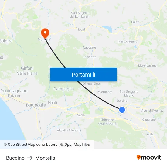 Buccino to Montella map