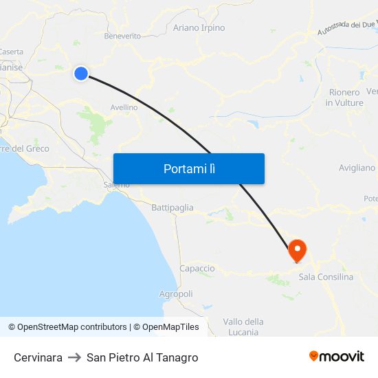 Cervinara to San Pietro Al Tanagro map