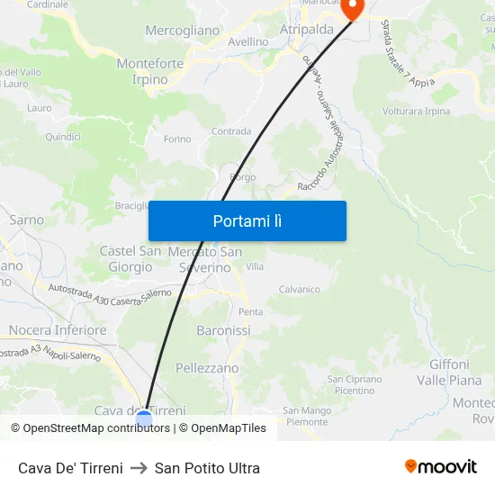 Cava De' Tirreni to San Potito Ultra map