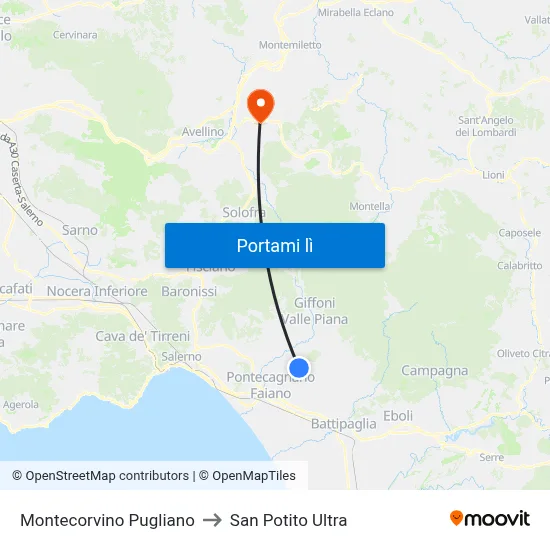 Montecorvino Pugliano to San Potito Ultra map