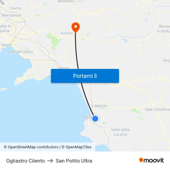 Ogliastro Cilento to San Potito Ultra map