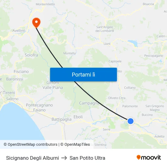 Sicignano Degli Alburni to San Potito Ultra map