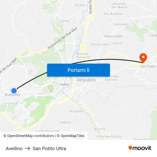 Avellino to San Potito Ultra map