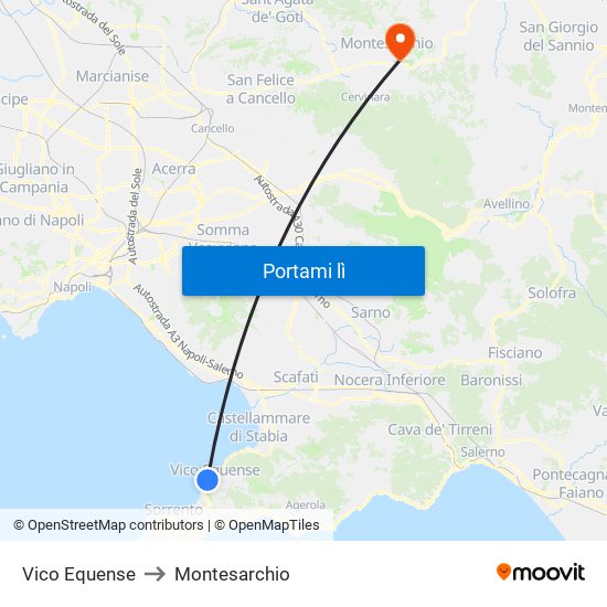 Vico Equense to Montesarchio map