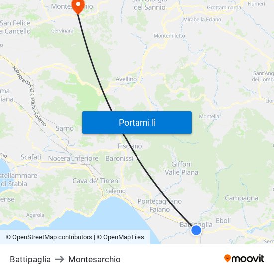 Battipaglia to Montesarchio map