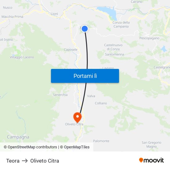 Teora to Oliveto Citra map