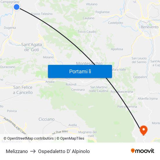 Melizzano to Ospedaletto D' Alpinolo map