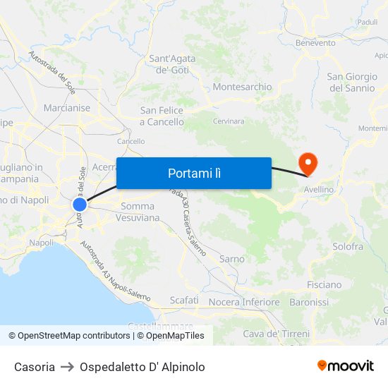 Casoria to Ospedaletto D' Alpinolo map