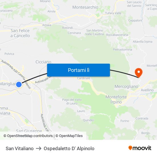San Vitaliano to Ospedaletto D' Alpinolo map