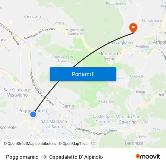 Poggiomarino to Ospedaletto D' Alpinolo map