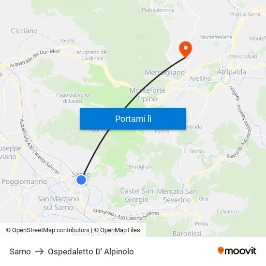 Sarno to Ospedaletto D' Alpinolo map