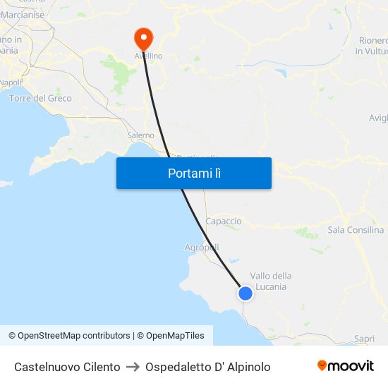 Castelnuovo Cilento to Ospedaletto D' Alpinolo map