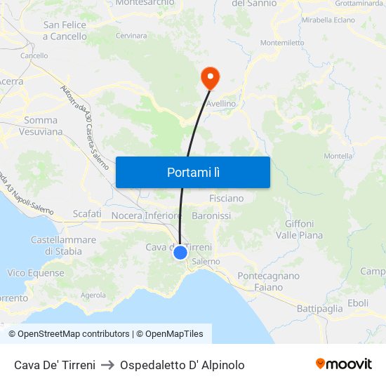 Cava De' Tirreni to Ospedaletto D' Alpinolo map