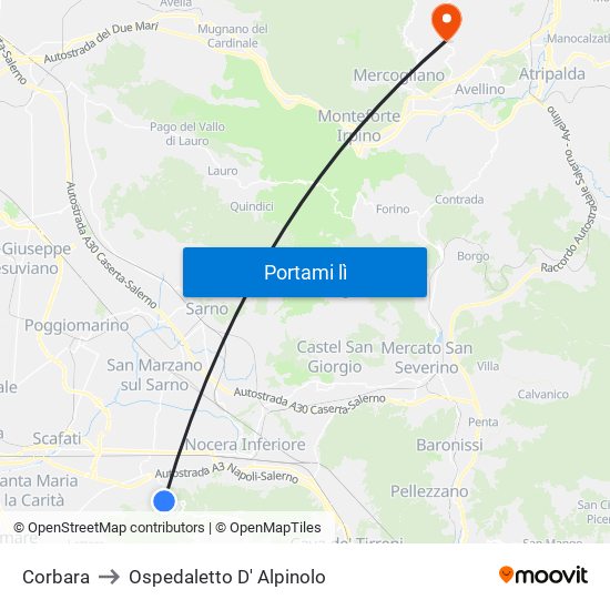 Corbara to Ospedaletto D' Alpinolo map