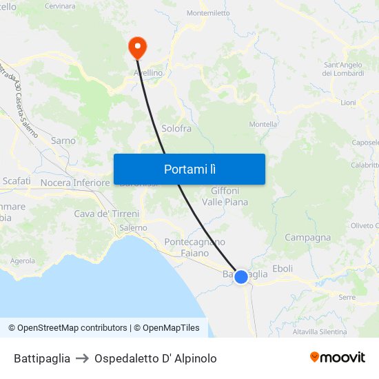 Battipaglia to Ospedaletto D' Alpinolo map