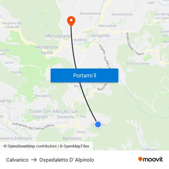 Calvanico to Ospedaletto D' Alpinolo map
