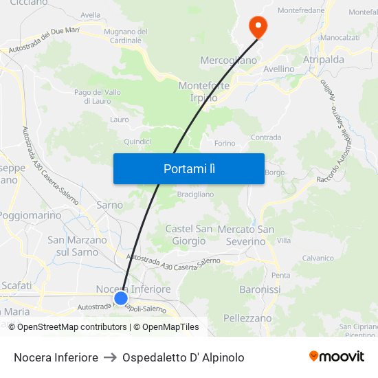 Nocera Inferiore to Ospedaletto D' Alpinolo map