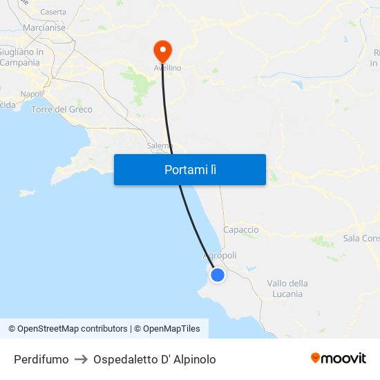 Perdifumo to Ospedaletto D' Alpinolo map