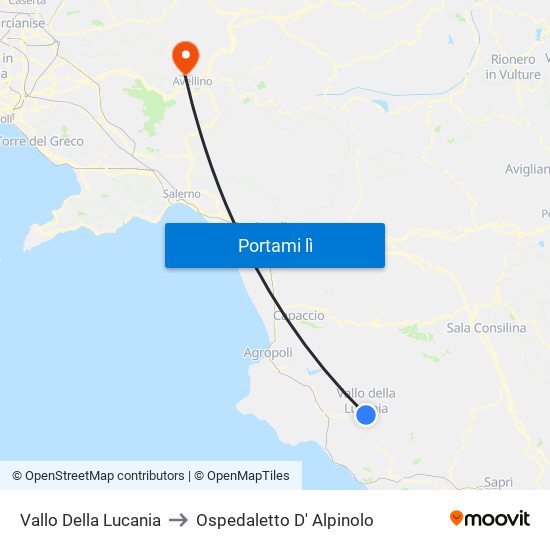 Vallo Della Lucania to Ospedaletto D' Alpinolo map